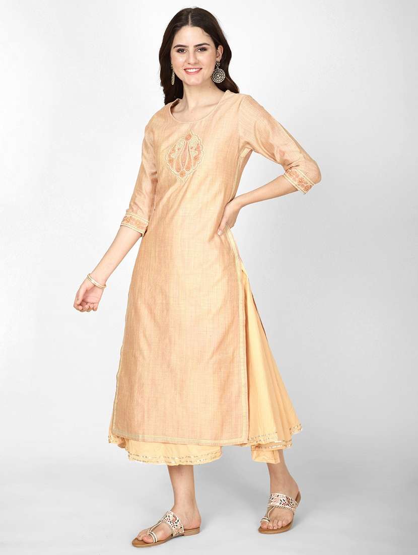 women beige three quarter sleeve ethnic dress - 22028343 -  Standard Image - 1