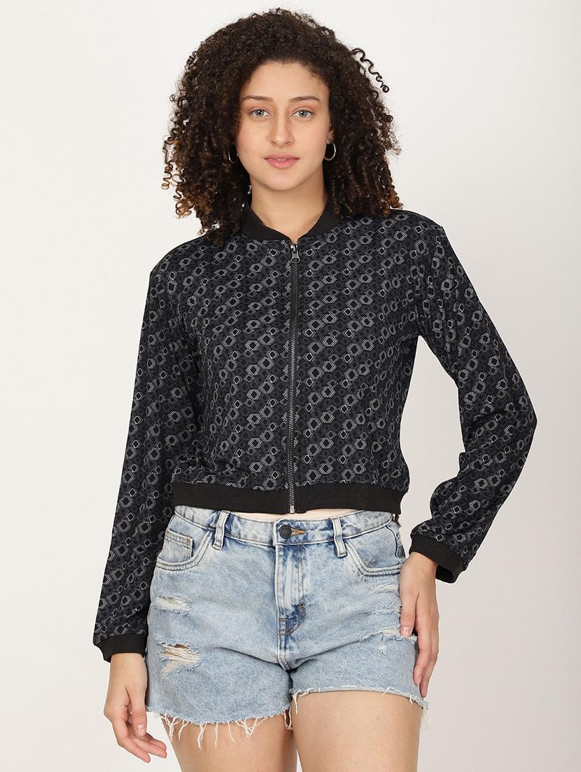 women printed long sleeve crop biker jacket - 22028346 -  Zoom Image - 0