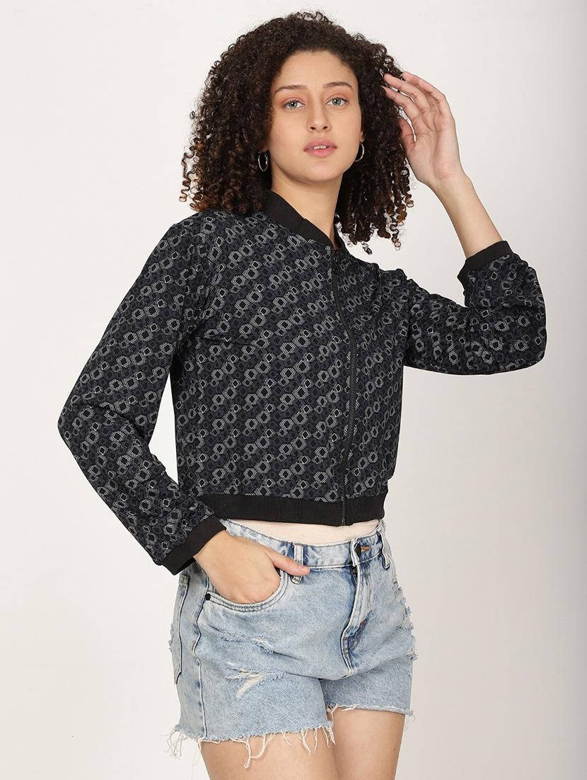 women printed long sleeve crop biker jacket - 22028346 -  Standard Image - 1