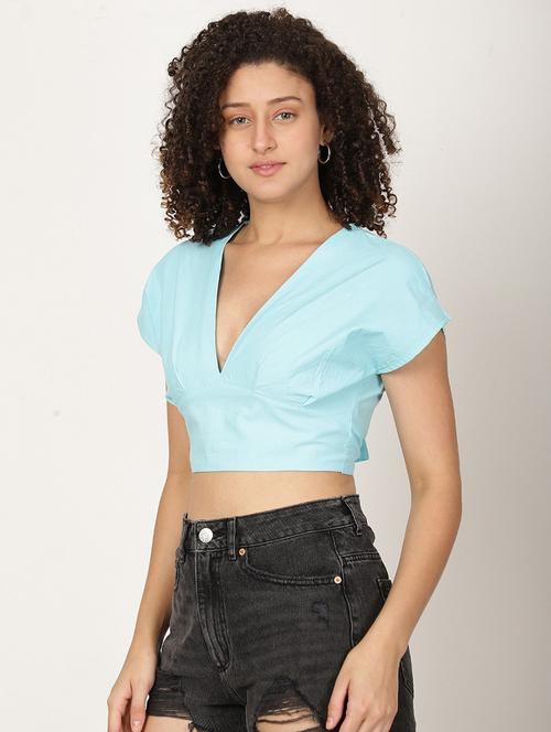 women solid short sleeve backless crop top - 22028363 - Standard Image - 0