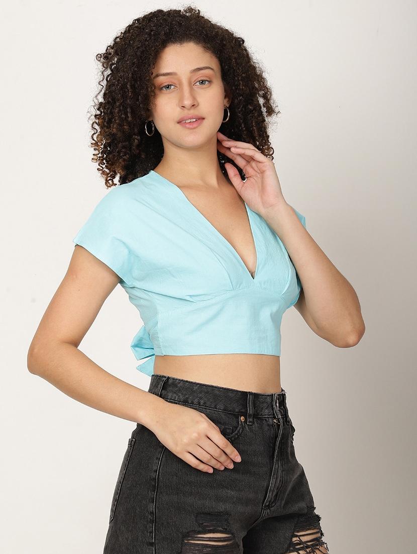 women solid short sleeve backless crop top - 22028363 - Standard Image - 1