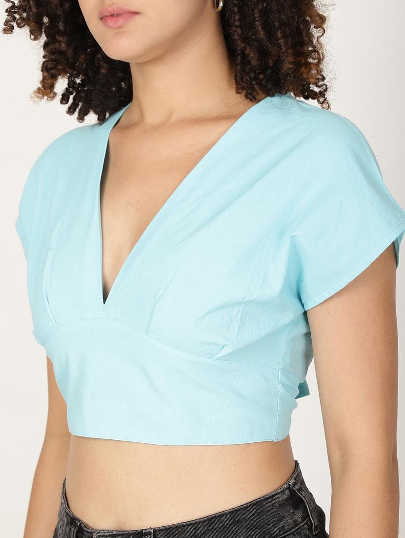 women solid short sleeve backless crop top - 22028363 - Standard Image - 4