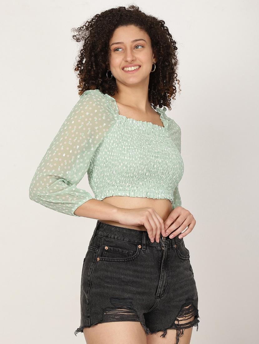 women printed smocked crop top - 22028364 -  Standard Image - 1