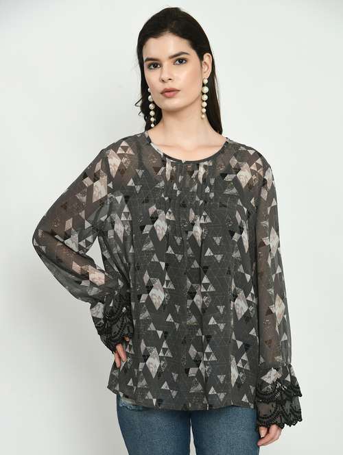 women printed bell sleeve a-line top - 22028372 -  Standard Image - 0
