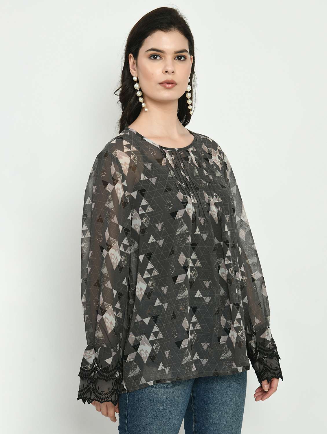 women printed bell sleeve a-line top - 22028372 -  Standard Image - 1