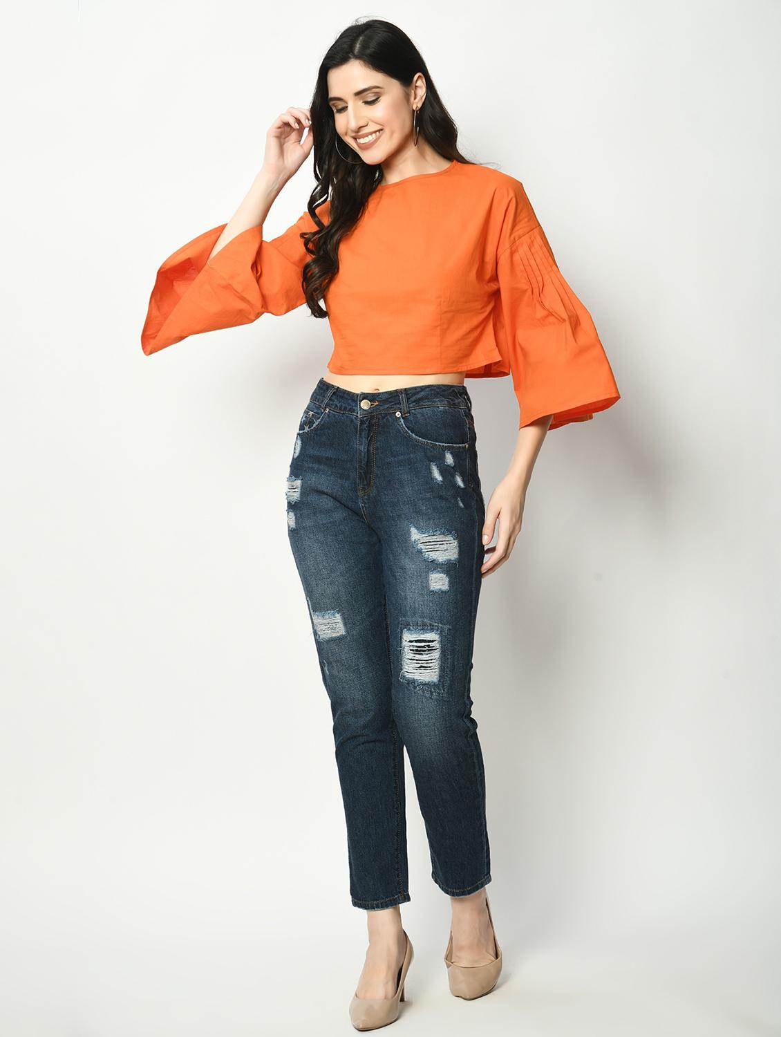 women orange solid bell sleeve crop top - 22028373 - Standard Image - 4
