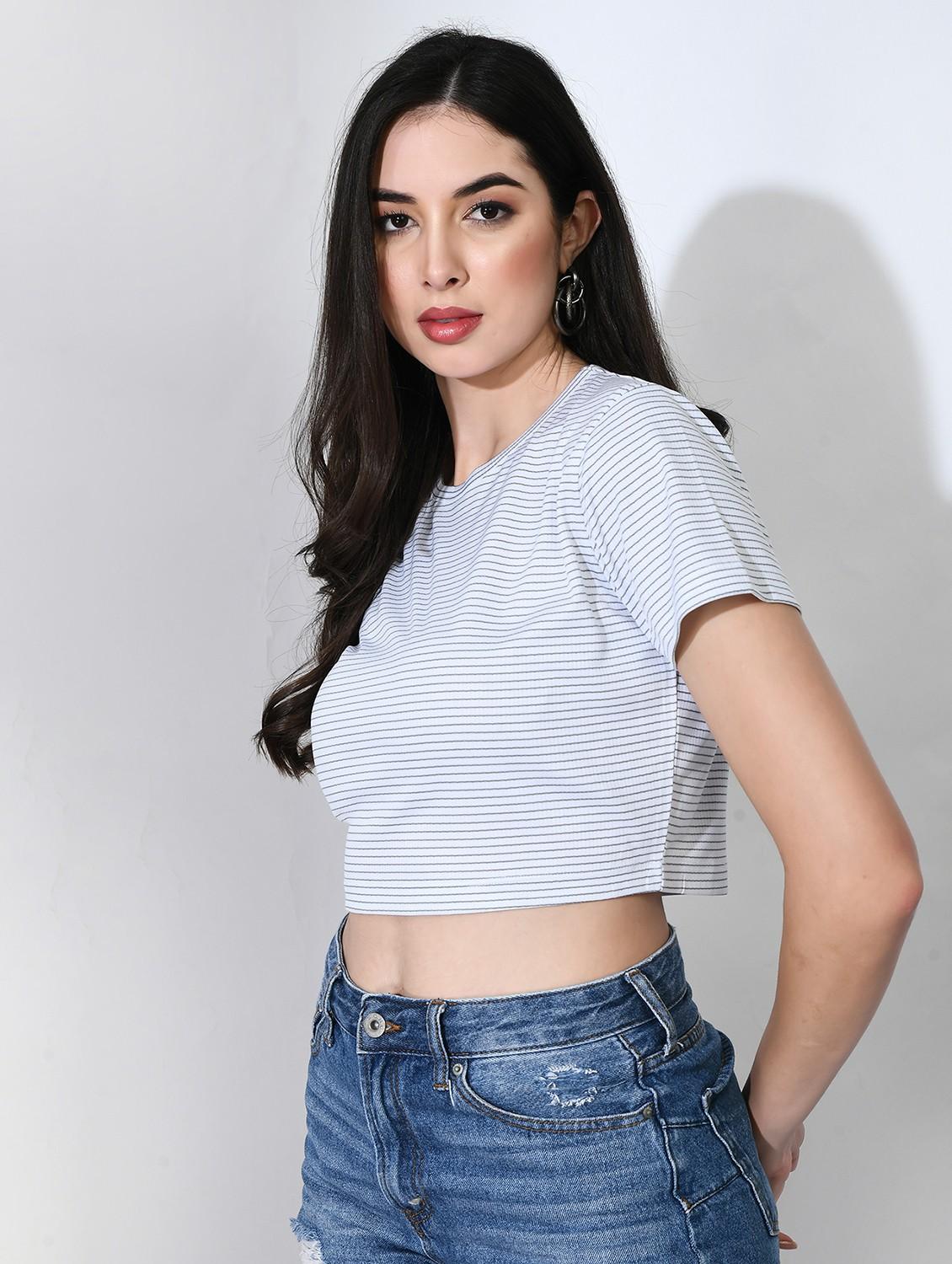 women striped short sleeve crop top - 22028379 - Standard Image - 1