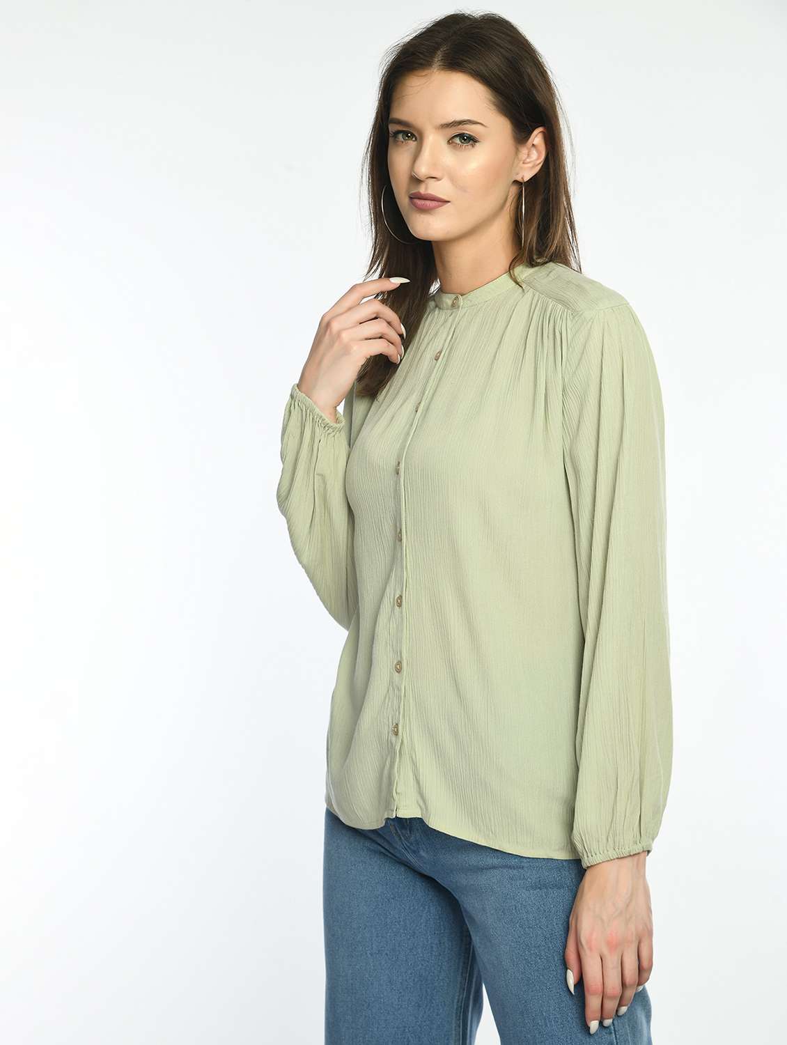 women solid mandarin collar long sleeve shirt top - 22028383 -  Standard Image - 1