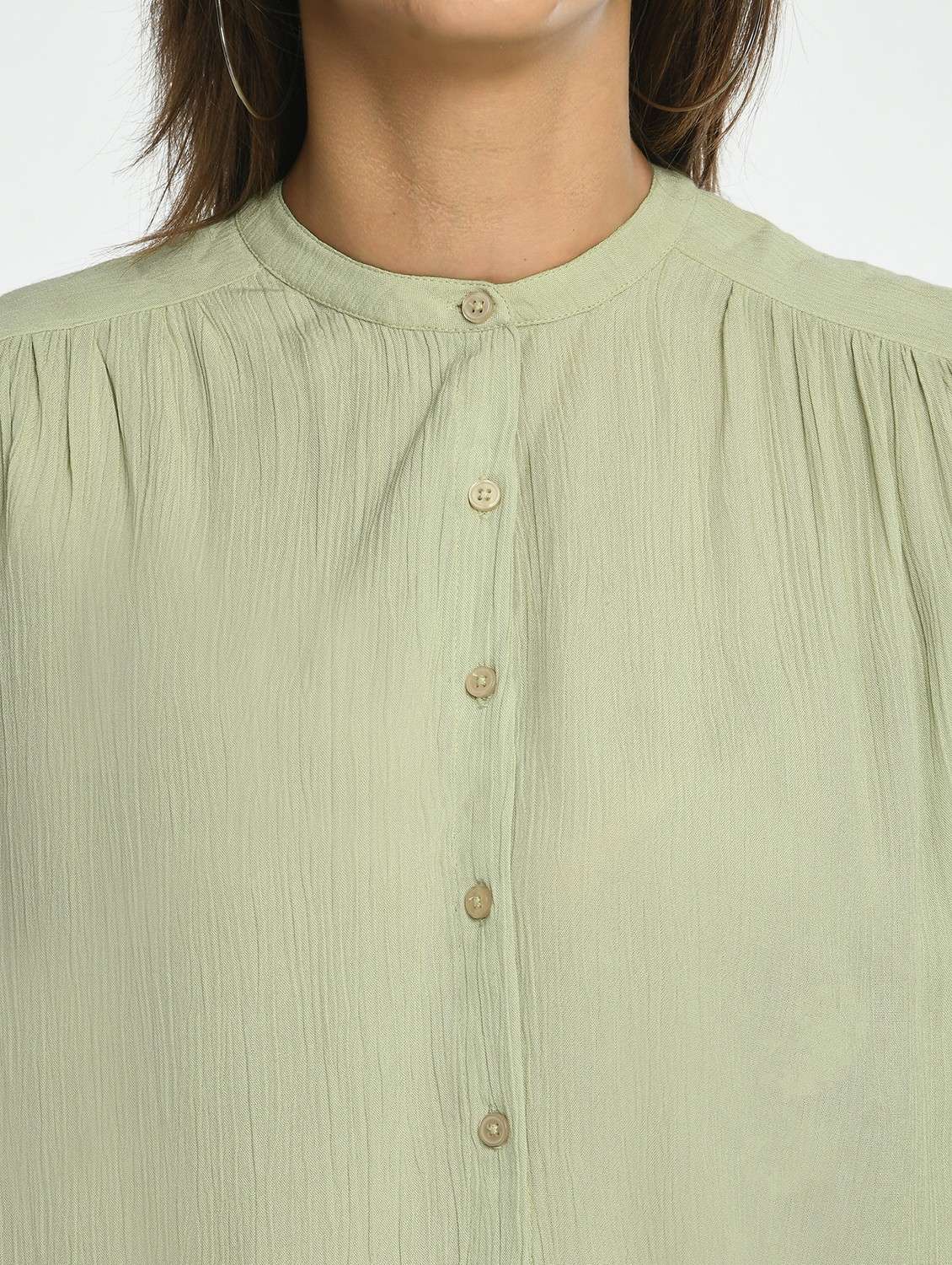 women solid mandarin collar long sleeve shirt top - 22028383 -  Standard Image - 4