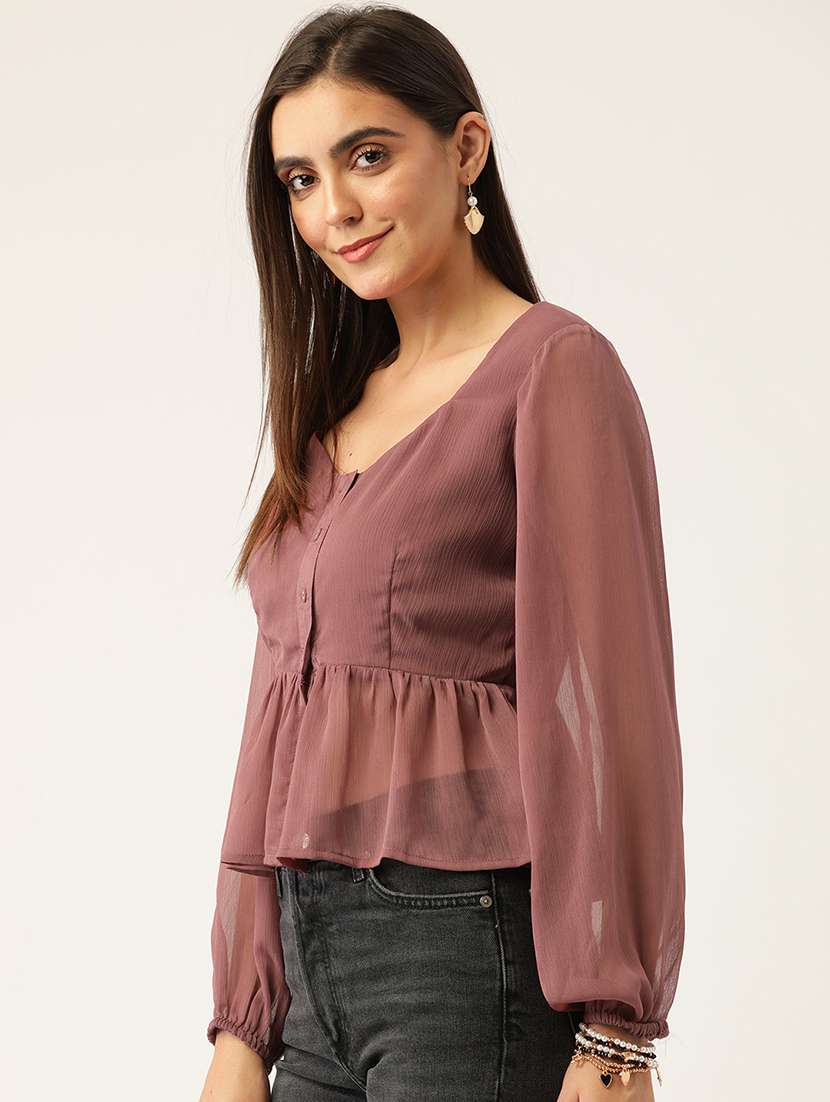 women solid long sleeve peplum top - 22028387 -  Standard Image - 1