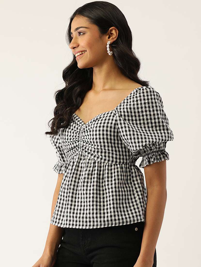 Women Checkeredpuff Sleeve Peplum Top - 22028390 -  Standard Image - 1
