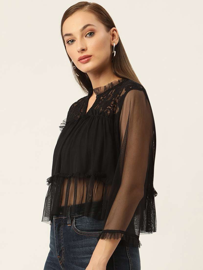 women solid mandarin neck sheer top - 22028397 -  Standard Image - 1