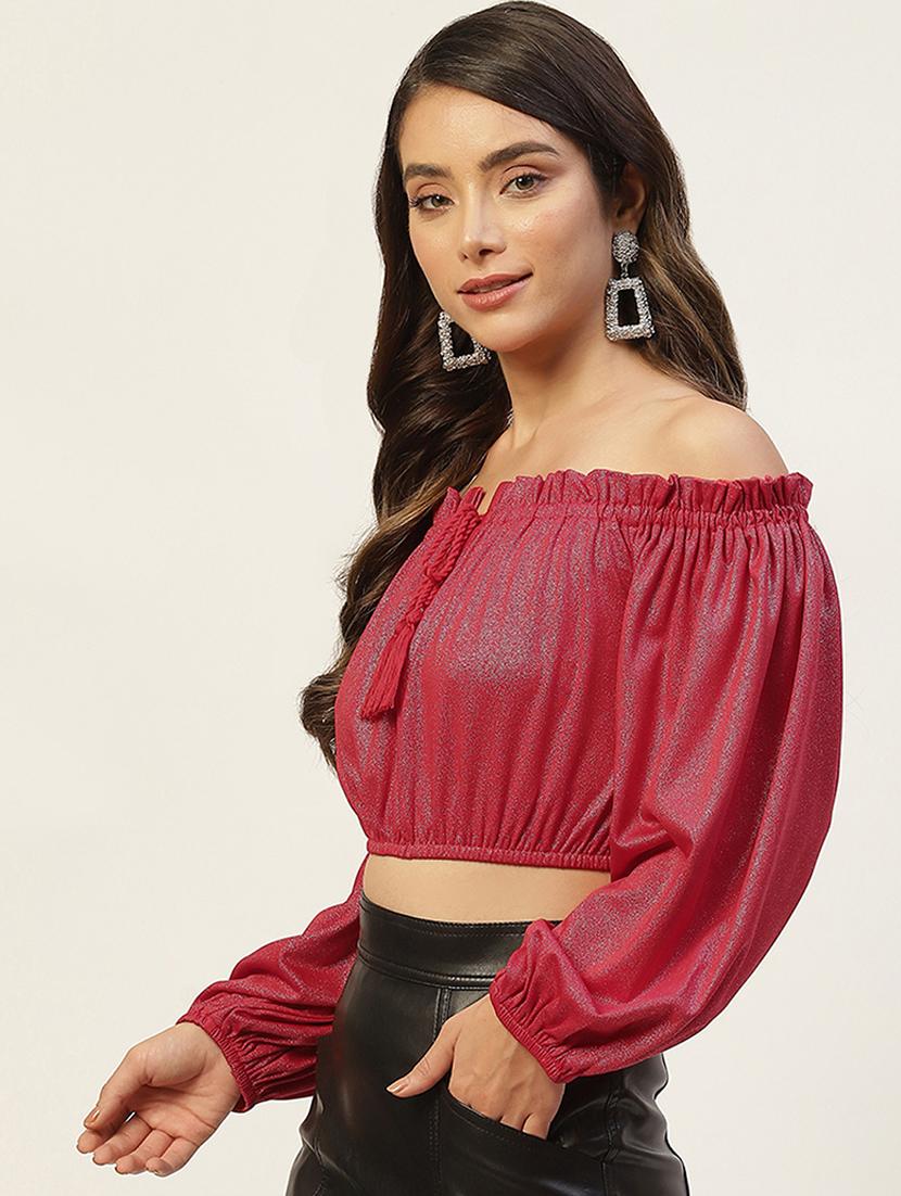women solid off shoulder long sleeve crop top - 22028405 - Standard Image - 1