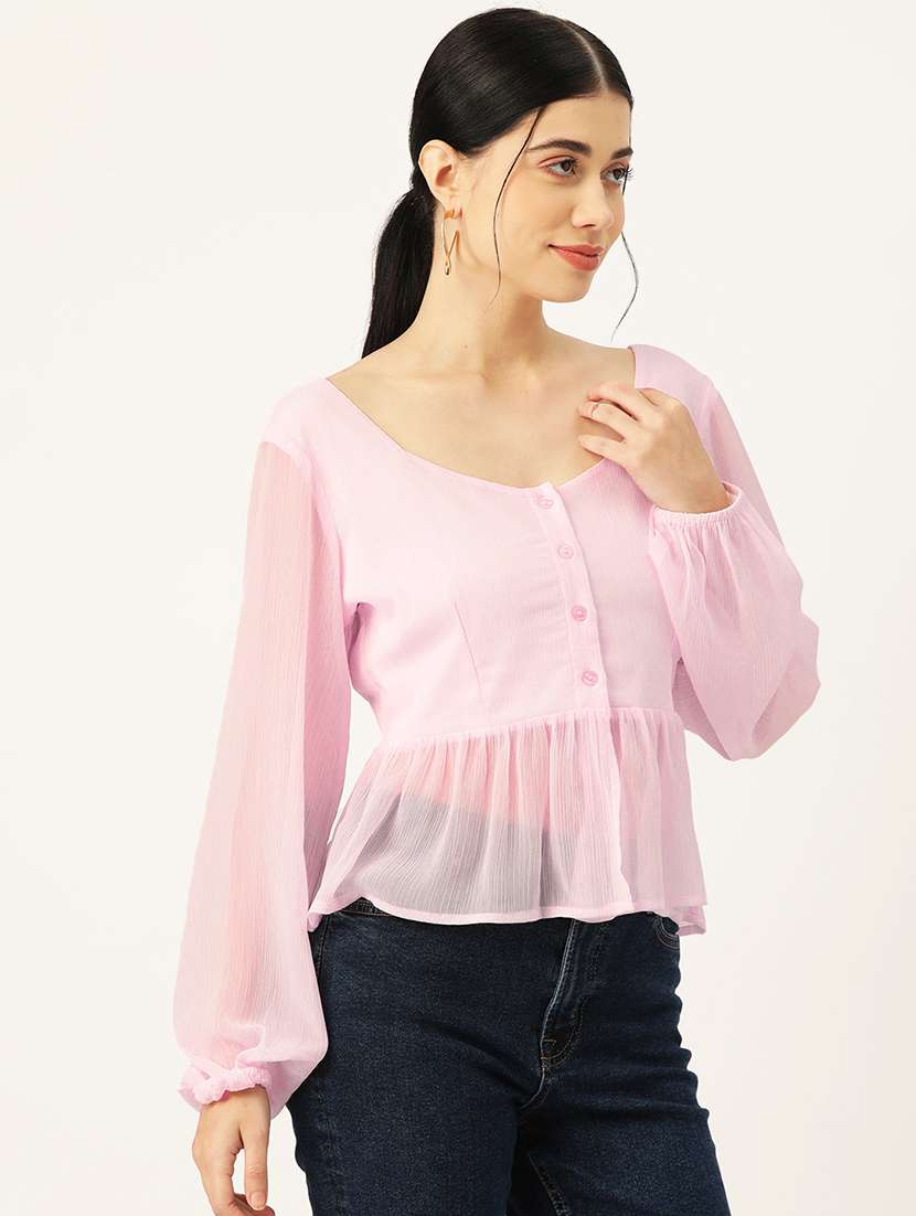 women pink solid puff sleeve peplum top - 22028418 -  Standard Image - 1