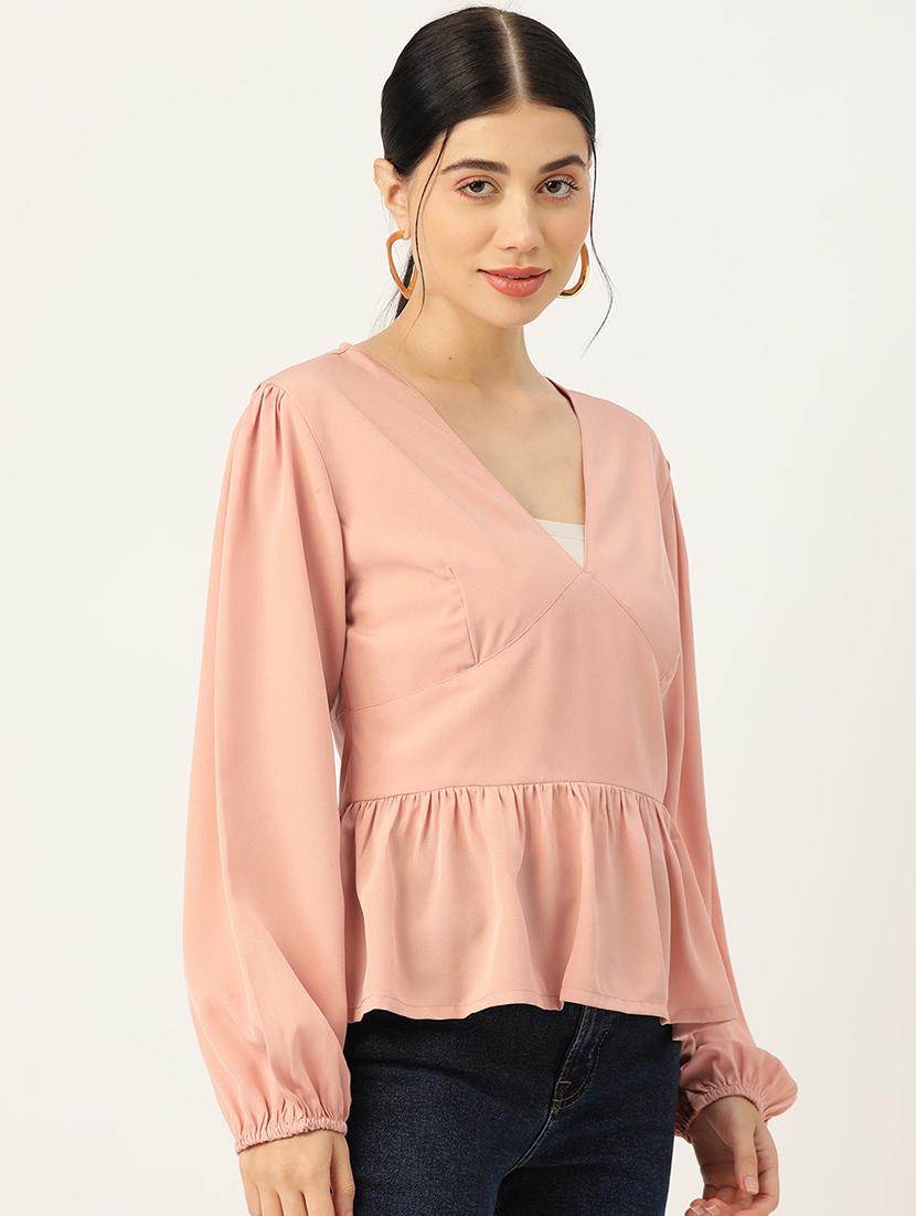 women peach solid puff sleeve peplum top - 22028420 - Standard Image - 1