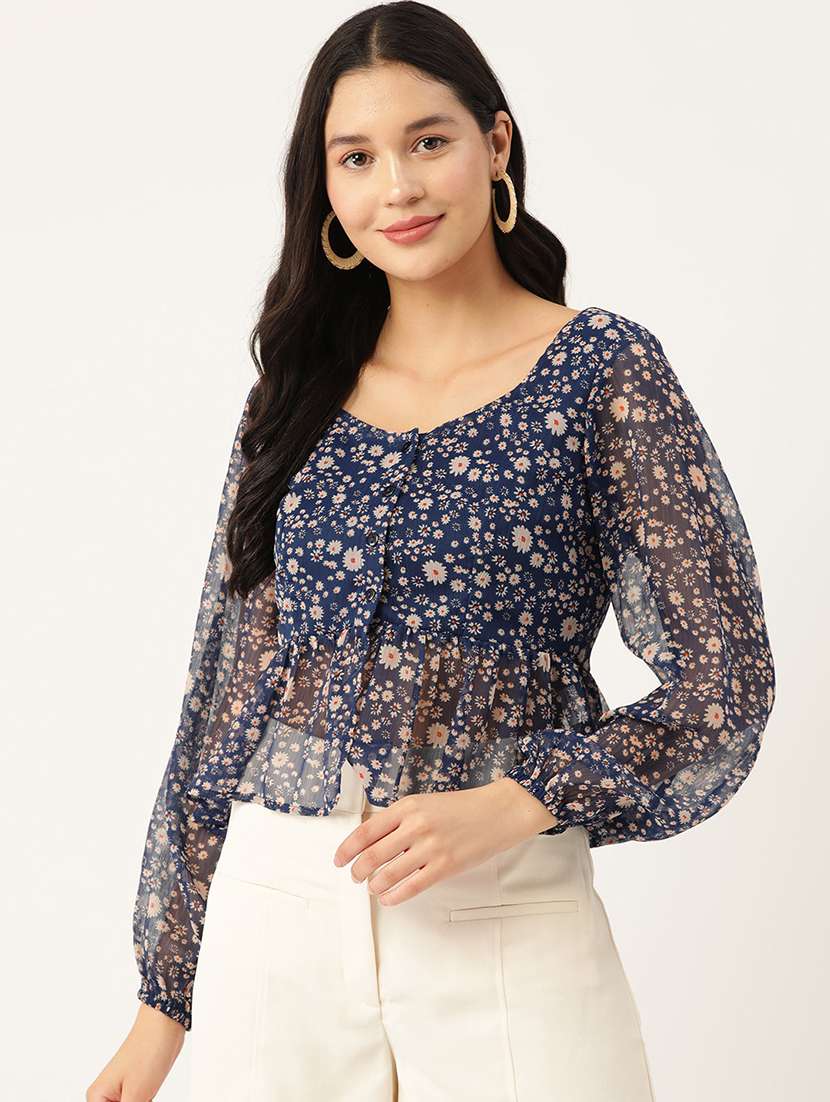 women floral print puff sleeve peplum top