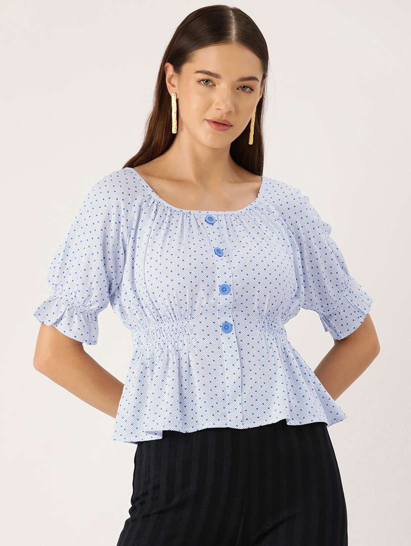 women polka doted puff sleeve peplum top