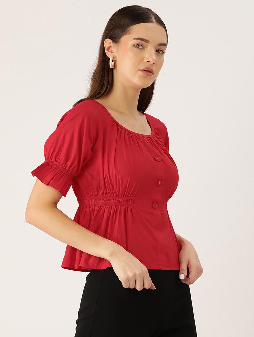 women red solid puff sleeve peplum top - 22028427 - Standard Image - 1