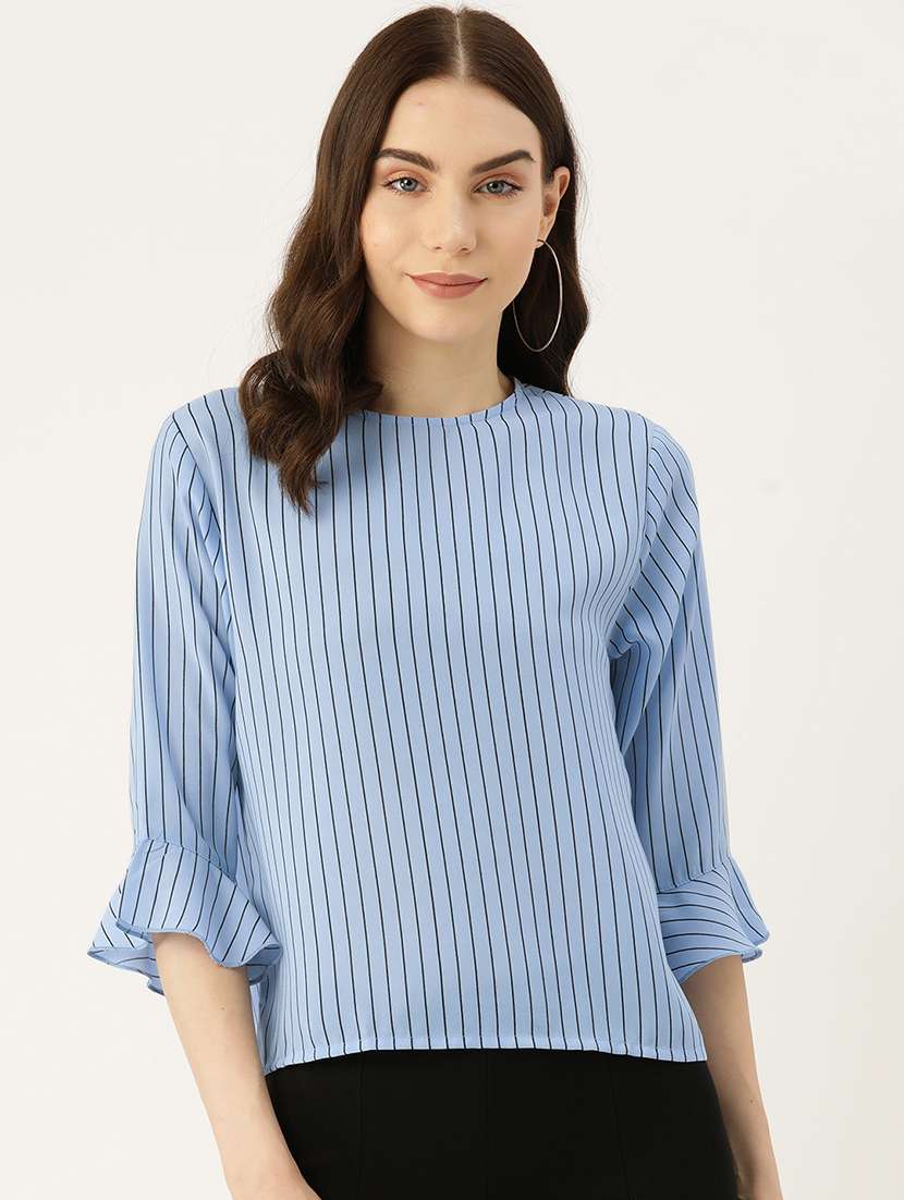 women light blue striped bell sleeve regular top