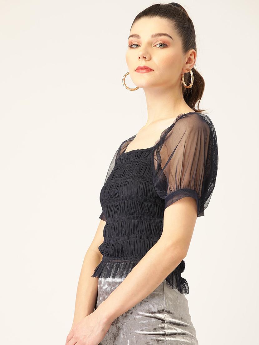 women solid puff sleeve smocked regular top - 22028438 -  Standard Image - 1