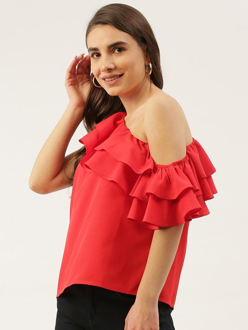 women red solid ruffled single shoulder top - 22028446 - Standard Image - 1