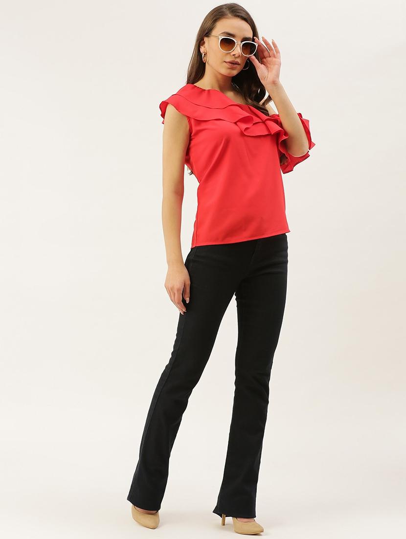 women red solid ruffled single shoulder top - 22028446 - Standard Image - 4