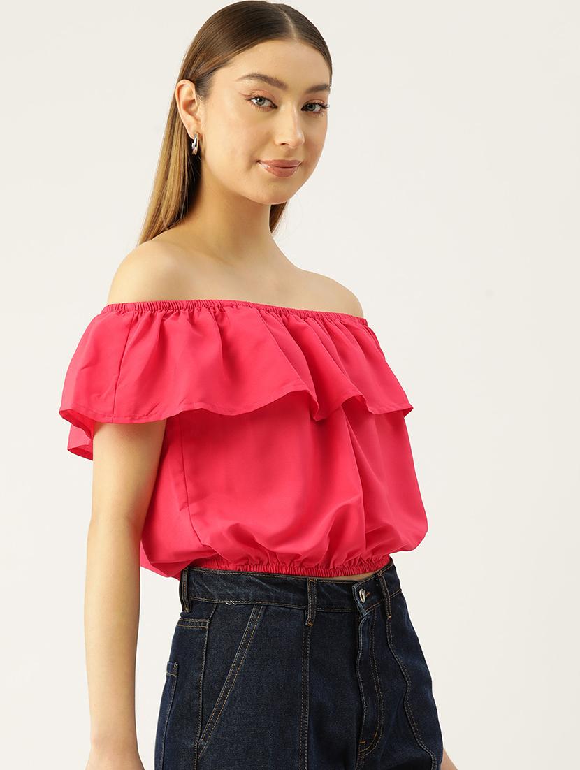 women solid off shoulder crop top - 22028468 -  Standard Image - 1