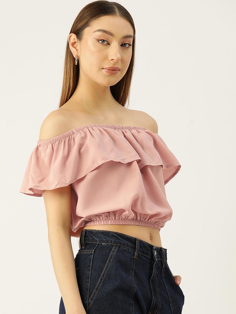 women solid off shoulder crop top - 22028469 -  Standard Image - 1