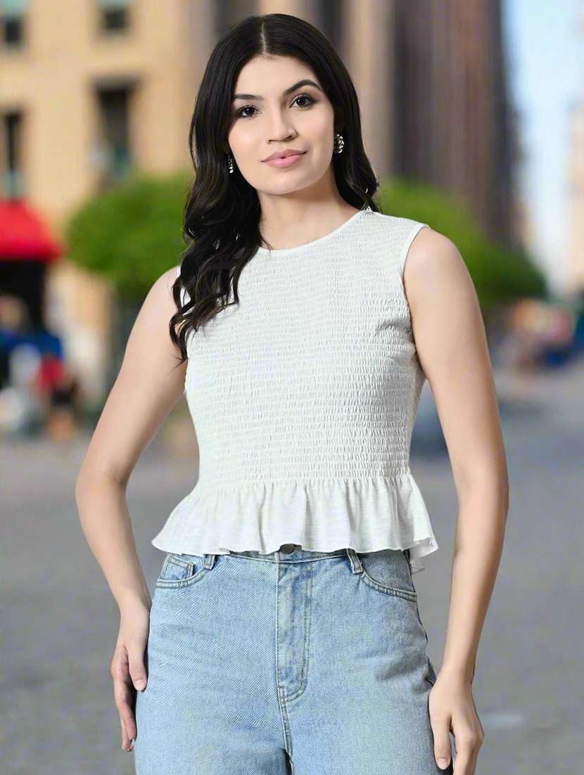 women solid sleeveless smocked tiered top