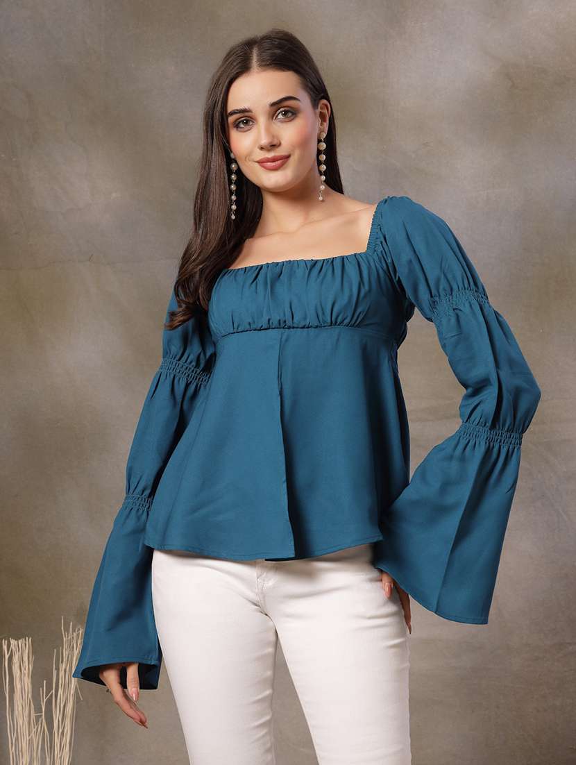 women solid bell sleeve a-line top