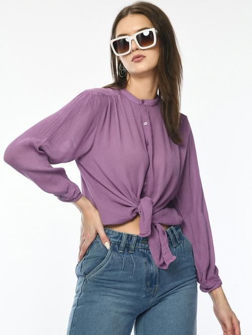 women solid long sleeve mandarin collar shirt - 22028504 -  Standard Image - 0