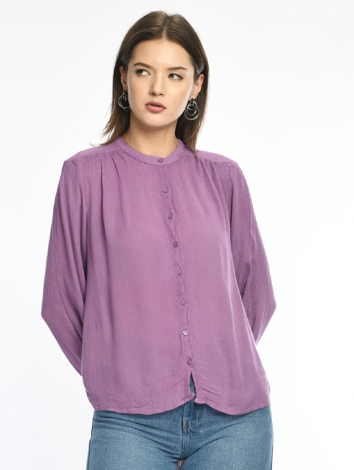 women solid long sleeve mandarin collar shirt - 22028504 -  Standard Image - 1