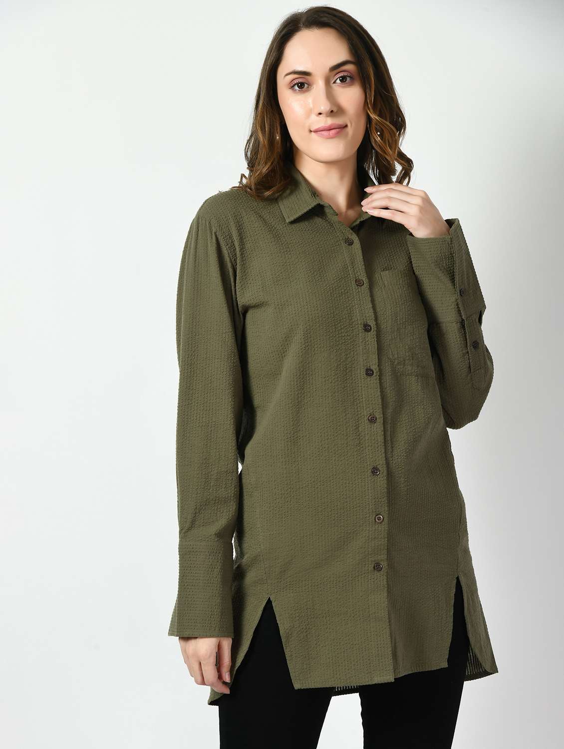 women solid collared long sleeve high low shirt