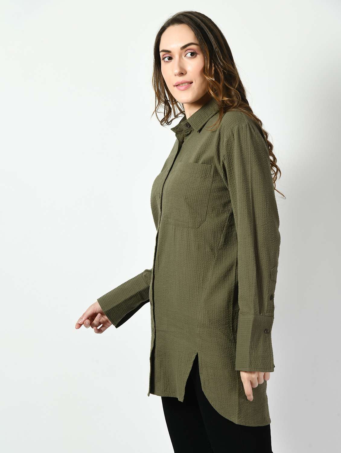 women solid collared long sleeve high low shirt - 22028506 -  Standard Image - 1