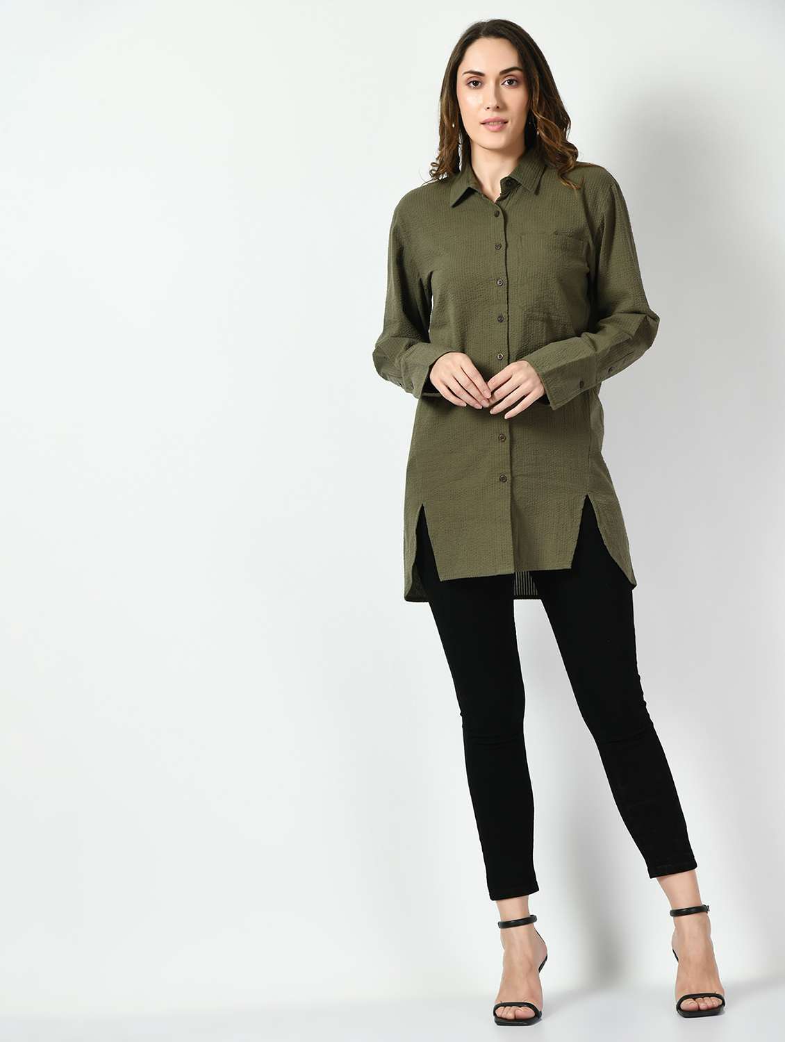 women solid collared long sleeve high low shirt - 22028506 - Standard Image - 4