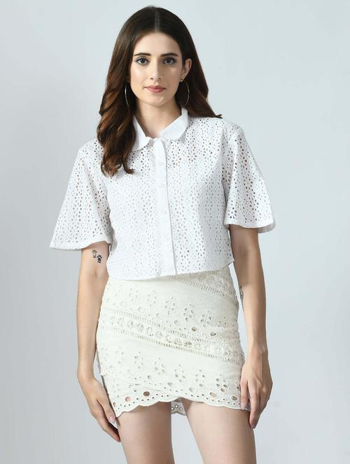 women solid collared puff sleeve crop schiffli shirt - 22028507 -  Standard Image - 0