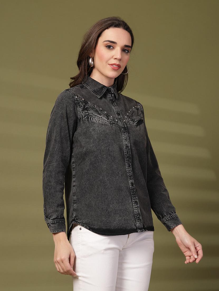 women solid collared long sleeve denim shirt - 22028508 -  Standard Image - 1