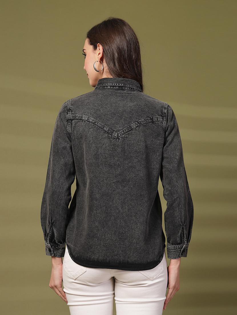 women solid collared long sleeve denim shirt - 22028508 - Standard Image - 4