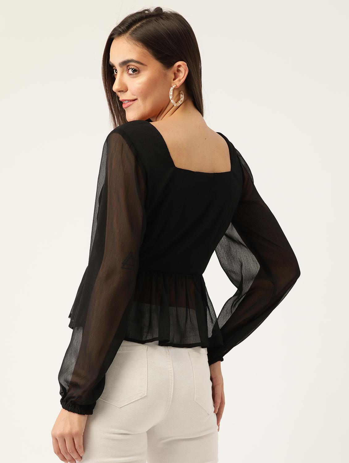 women black solid puff sleeve tiere regular top - 22028522 -  Standard Image - 1