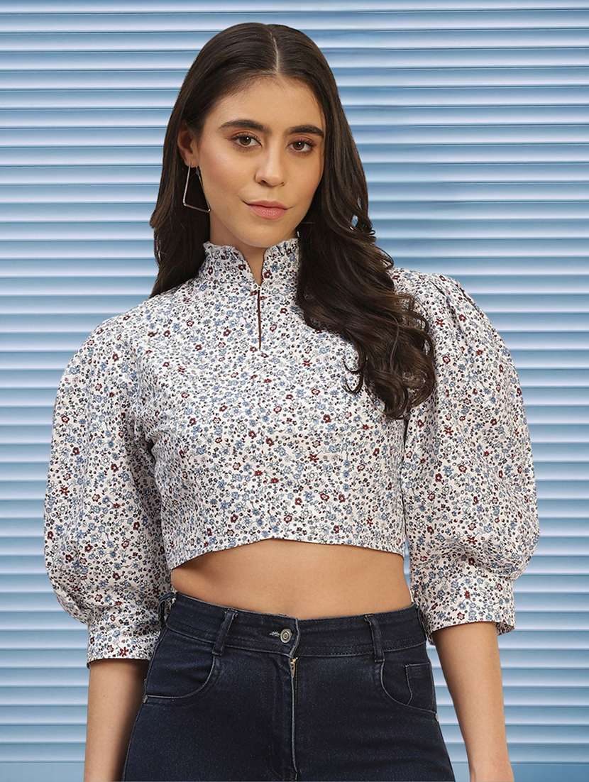 women floral print puff sleeve crop top