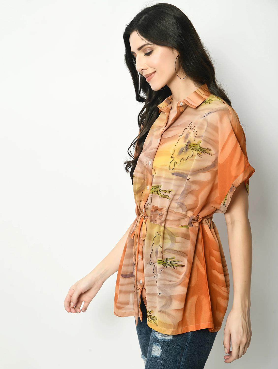 women printed collared kimono sleeve kaftan top - 22028528 -  Standard Image - 1
