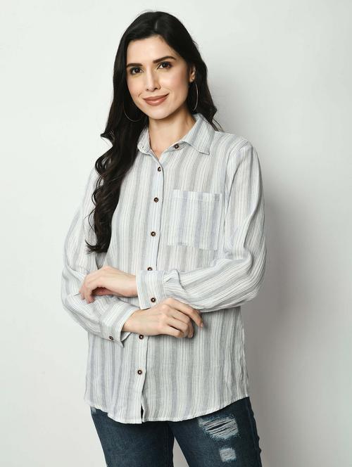 women striped collared long sleeve shirt - 22028529 -  Standard Image - 0