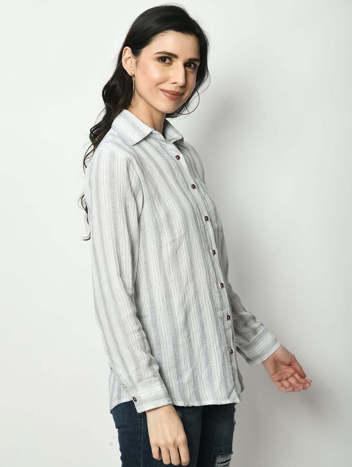 women striped collared long sleeve shirt - 22028529 -  Standard Image - 1