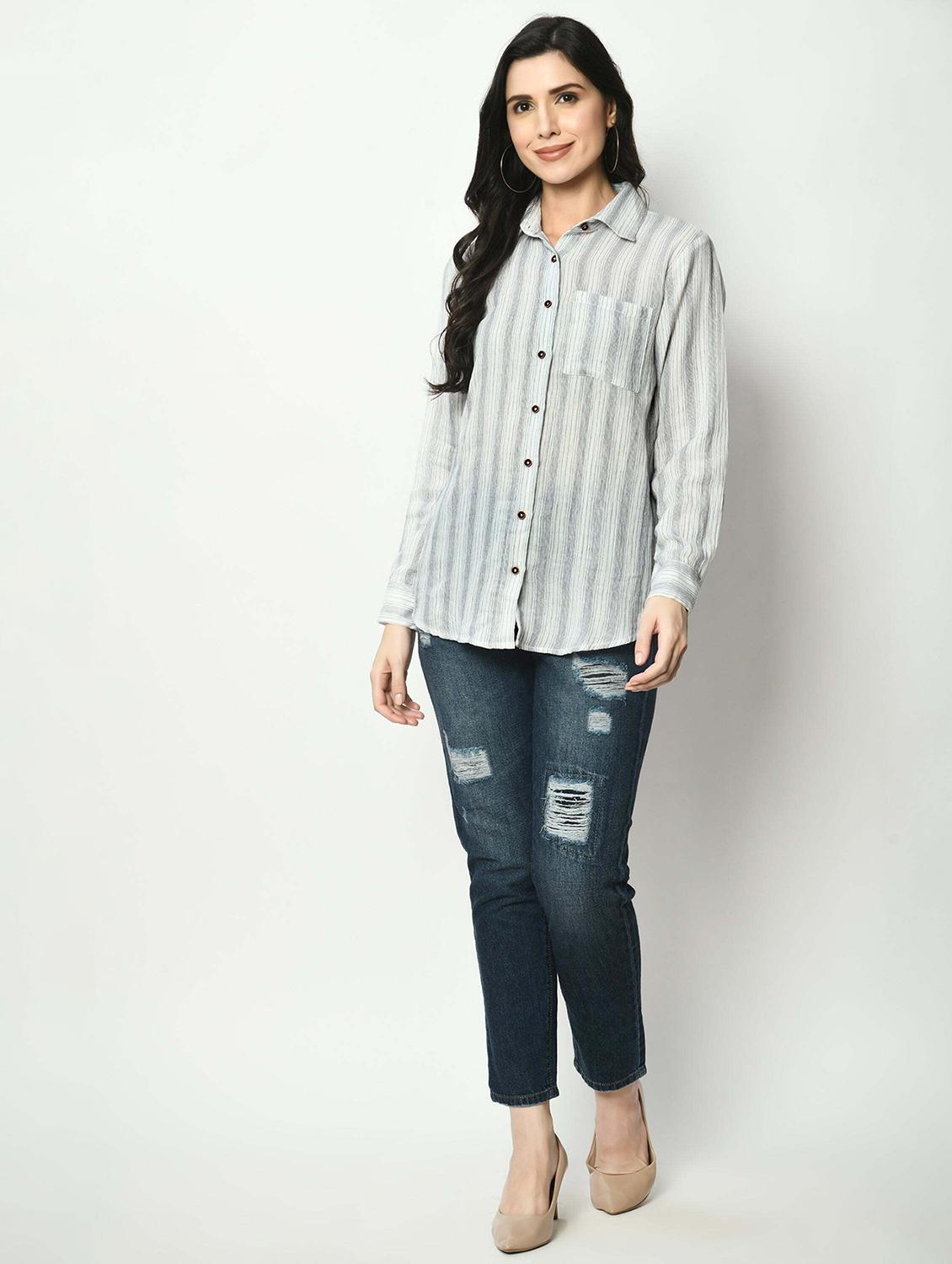 women striped collared long sleeve shirt - 22028529 - Standard Image - 4