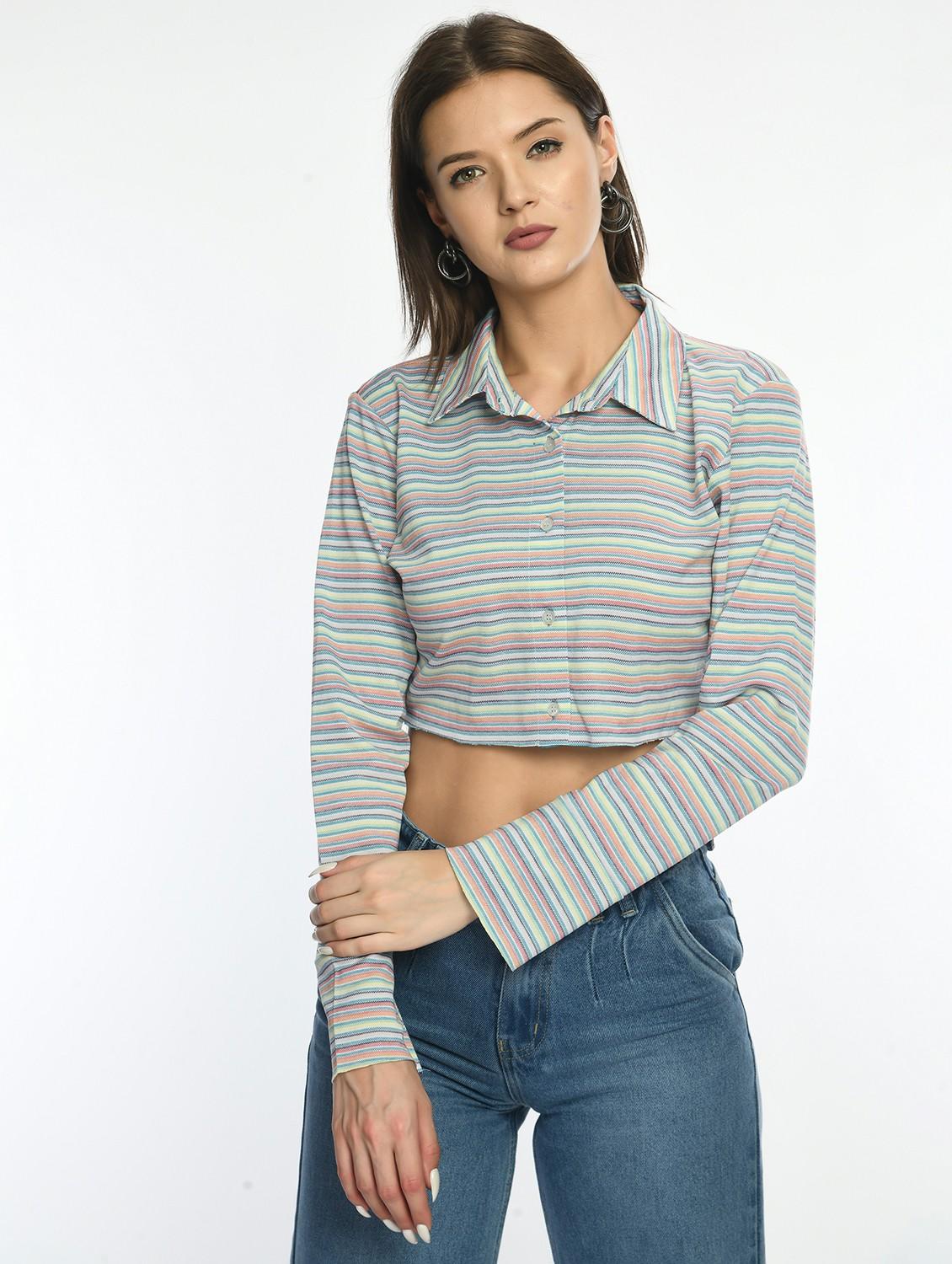 women striped collared long sleeve crop top - 22028530 - Zoom Image - 0