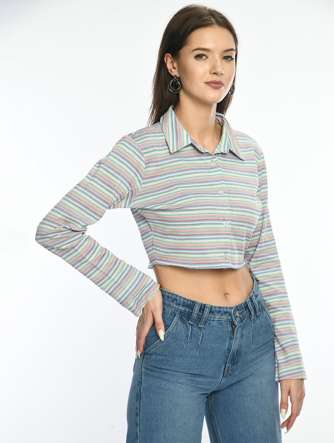 women striped collared long sleeve crop top - 22028530 -  Standard Image - 1