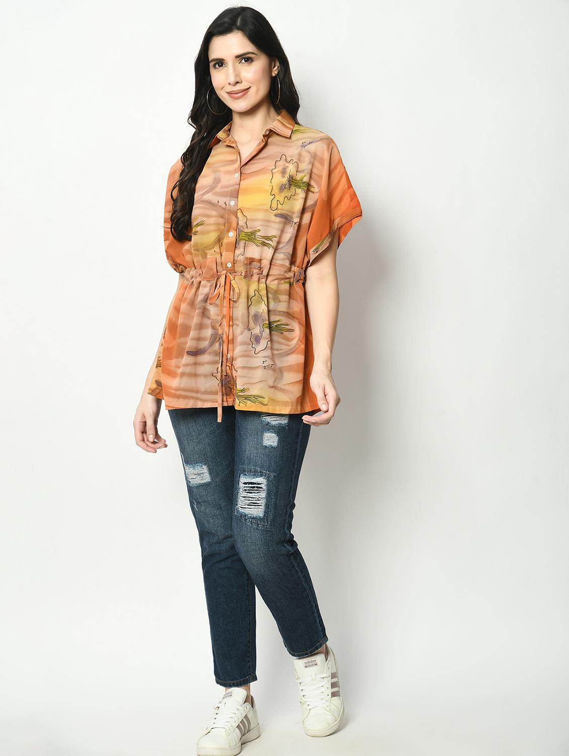 women printed collared kimono sleeve kaftan top - 22028531 - Standard Image - 4