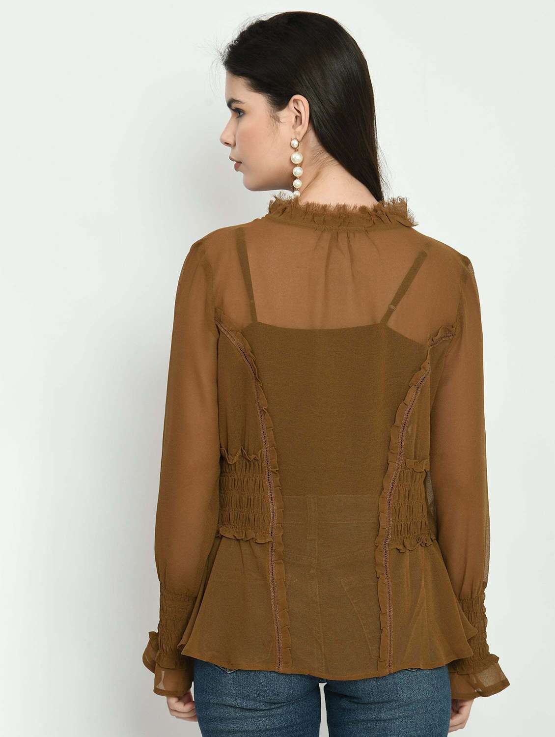 women solid long sleeve sheer regular top - 22028532 -  Standard Image - 1