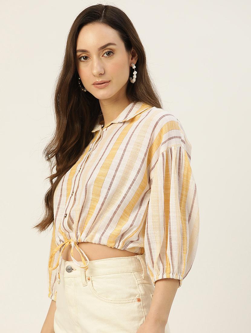 women striped collared puff sleeve crop top - 22028536 - Standard Image - 1