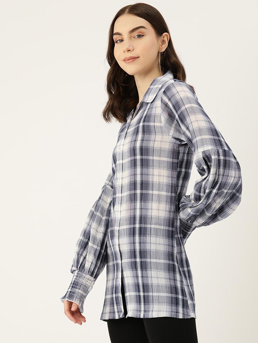 women checkered collared long sleeve shirt tunic - 22028537 - Standard Image - 1